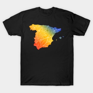 Colorful mandala art map of Spain with text in blue, yellow, and red T-Shirt